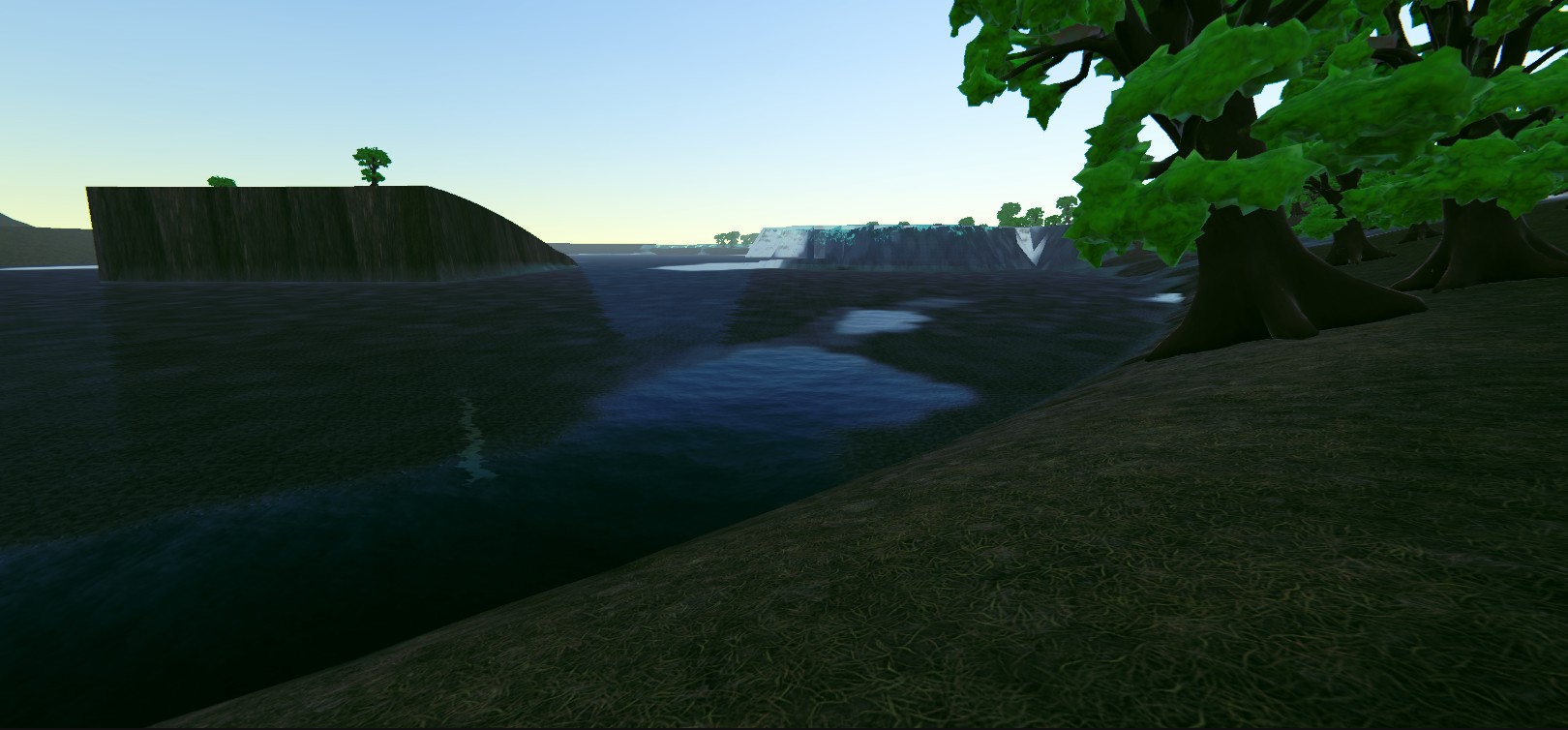 Worldis landscape with cliffs, water, and trees along the shore